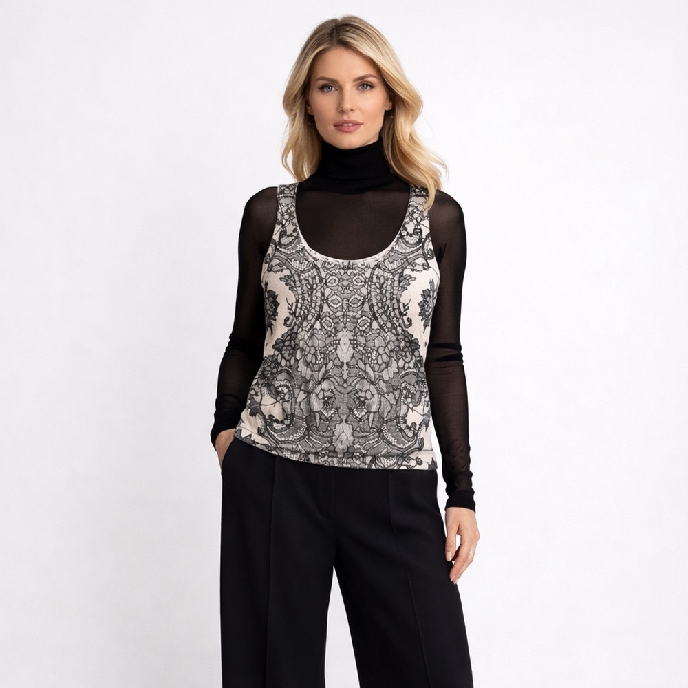 Neiman Marcus Cashmere Black and Cream Lace Design Top